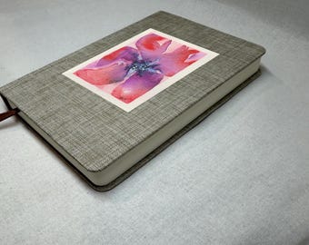 Original Watercolor Magenta Flower Art Journal, Linen Notebook, Half Lined Half Blank, 5x7