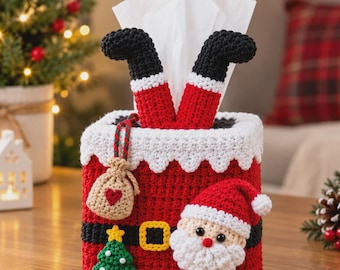 Knitting Pattern Tissue Box Cover PDF, Santa's Stuck Christmas Design, Chimney Charity Gift, Knitted Gift Box Cover DK Wool, Home Decor