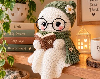 Momo the Shelf Ghost Crochet Pattern, No Sew Amigurumi PDF, Halloween Ghost Pattern, Cute Bookish Ghost Plush, Easy Beginner Amigurumi PDF