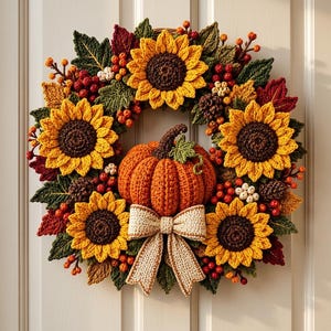 Könnte beinhalten: Ein runder Herbstkranz mit gehäkelten Sonnenblumen mit gelben Blütenblättern und braunen Mitten, einem zentralen orangefarbenen gehäkelten Kürbis, roten Beerenclustern, grünen und braunen Blättern, kleinen Tannenzapfen und einer beigen gehäkelten Schleife.