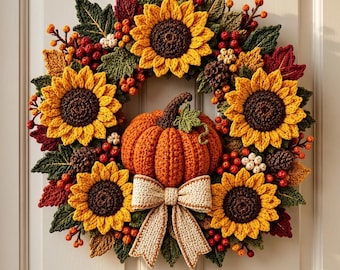 Crochet Fall Wreath Pattern PDF, Pumpkin Sunflower Door Decor Tutorial, Autumn Thanksgiving Home Decoration, Wall Hang DIY Instant Download