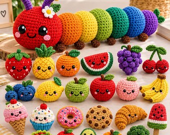 Very Hungry Caterpillar Crochet Pattern, Amigurumi Fruit Food Toy Crochet Caterpillar Yarn Toy, Easy Beginner PDF Digital Download, 26 Foods