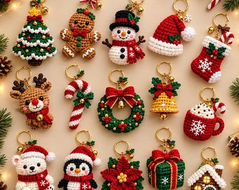 Crochet Christmas Keychain Pattern Bundle PDF, 15-in-1 Mini Amigurumi Charms, Santa Snowman Penguin Tree, US Terms, Instant Download