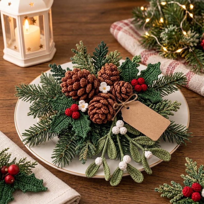May include: A decorative arrangement featuring crocheted pinecones, green holly leaves, red berries, and white mistletoe berries on a white plate. A blank brown paper tag is tied to the arrangement with twine, creating a festive holiday centerpiece.
