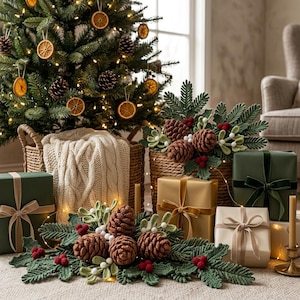 May include: A decorative arrangement of crocheted green pine branches, brown pinecones, red berries, and white mistletoe berries. The arrangement is placed on the floor near wrapped gift boxes in green, gold, and cream with velvet ribbons.