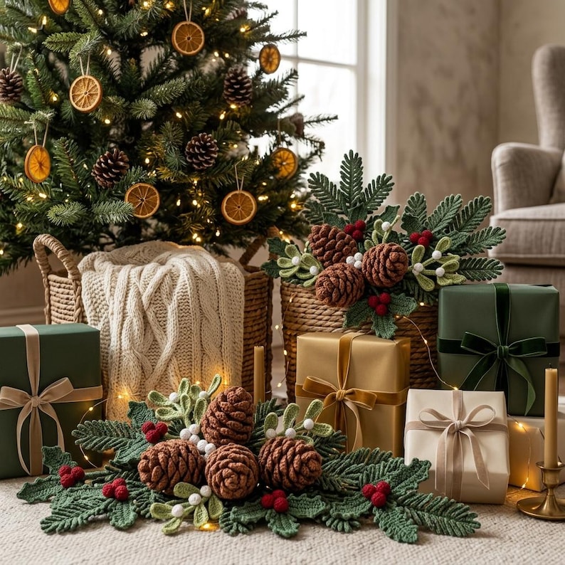 May include: A decorative arrangement of crocheted green pine branches, brown pinecones, red berries, and white mistletoe berries. The arrangement is placed on the floor near wrapped gift boxes in green, gold, and cream with velvet ribbons.