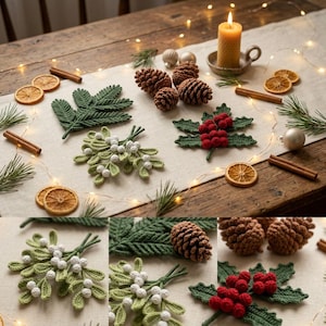 May include: A collection of crocheted holiday decorations including green pine branches, white mistletoe sprigs, red holly berries with green leaves, and brown pinecones, arranged alongside dried orange slices and cinnamon sticks.