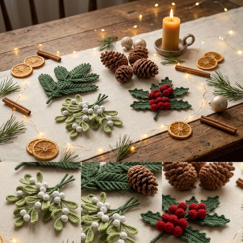 May include: A collection of crocheted holiday decorations including green pine branches, white mistletoe sprigs, red holly berries with green leaves, and brown pinecones, arranged alongside dried orange slices and cinnamon sticks.