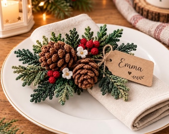 Crochet Christmas Ornament Pattern Bundle, Pinecone Spruce Mistletoe Holly PDF, Rustic Realistic Christmas Decor, Instant Download