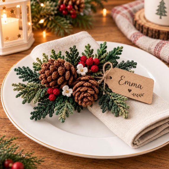 Crochet Christmas Ornament Pattern Bundle, Pinecone Spruce Mistletoe Holly PDF, Rustic Realistic Christmas Decor, Instant Download