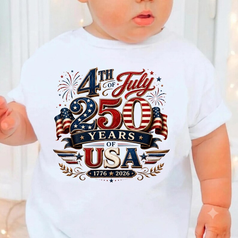 May include: A white t-shirt featuring a graphic design with the text 4th of July 250 Years of USA 1776-2026. The design includes red, white, and blue colors, American flag patterns, star motifs, and firework illustrations centered on the chest.