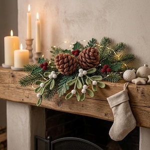 May include: A decorative holiday arrangement featuring crocheted pinecones, green leaves, red berries, and white mistletoe berries, accented with thin string lights. The display is placed on a wooden mantel alongside four cream-colored pillar candles.