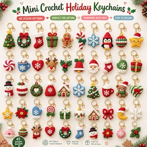 May include: A collection of 45 mini crochet holiday keychains featuring festive designs like Christmas trees, wreaths, stockings, gifts, gingerbread men, candy canes, snowflakes, penguins, ornaments, stars, reindeer, and Santa Claus figures.