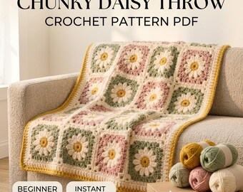 Chunky Daisy Granny Square Throw Crochet Pattern | PDF Beginner-Friendly Blanket Pattern | Cottagecore Floral Afghan Tutorial| PDF Guide