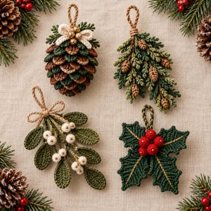 May include: Four crocheted Christmas ornaments featuring a pinecone with a white bow, a cluster of evergreen sprigs with small cones, a sprig of mistletoe with white berries, and a holly leaf cluster with bright red berries, all with jute loops.