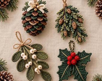Crochet Ornament Pattern Bundle Pinecone Spruce Mistletoe Holly PDF  Rustic Christmas Crochet Decor  Instant Download Digital Pattern PDF
