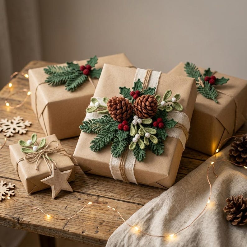 May include: Four rectangular gift boxes wrapped in brown kraft paper, decorated with crocheted green pine branches, red berries, white mistletoe, and brown pinecones. A wooden star ornament is tied to the smallest box with twine.
