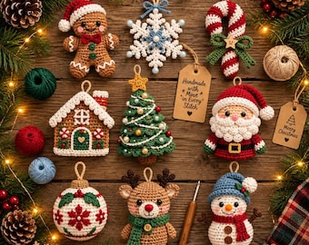 Crochet Christmas Ornament Pattern PDF, Amigurumi Santa Snowman Reindeer Gingerbread Poinsettia, Holiday Hanging Decor, DIY Christmas Tree