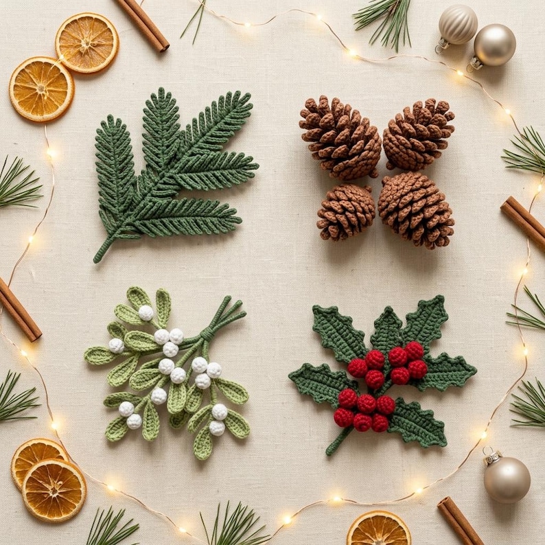 May include: A collection of four crocheted holiday ornaments including a green pine branch, four brown pinecones, a green mistletoe sprig with white berries, and a green holly branch with red berries, arranged with dried orange slices and lights.