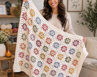 Blossom Granny Square Blanket Crochet Pattern| Flower Granny Square Afghan PDF| Floral Cottagecore Throw,|Scalloped |9 Sizes Lovey to Twin