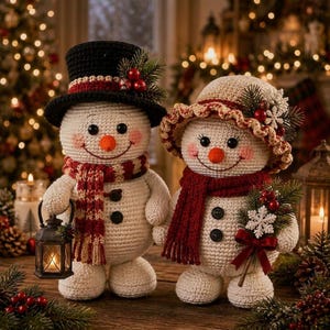 May include: Two crocheted snowmen figures. The left snowman wears a black top hat with pine and red berries, and a red and white striped scarf. The right snowman wears a beige ruffled hat with pine, berries, and a snowflake, and a red scarf.