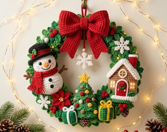 Crochet Christmas Wreath PDF Pattern, Christmas Door Decor, Poinsettia Wreath, Snowman Gingerbread House, Holiday DIY Crochet Pattern PDF