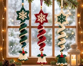Crochet Christmas Wind Spinner Pattern PDF, Spiral Star Snowflake Bell Ornament, Holiday Window Decor Set of 3 Easy Digital Crochet Download