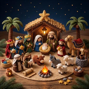 Puede incluir: Un conjunto de nacimiento de ganchillo con figuras de la sagrada familia, tres reyes magos, un pastor, un camello, un burro y ovejas. La escena incluye un establo con una estrella, palmeras, una fogata y cestas pequeñas sobre una alfombra.