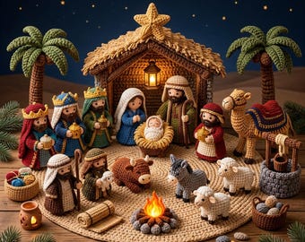 Crochet Nativity Set Pattern PDF, Amigurumi Bethlehem Scene,  Holy Family, Wise Men, Camel, Donkey, Sheep, Stable, Desert Night
