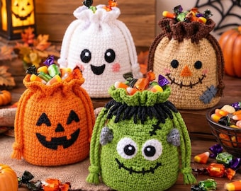 Halloween Crochet Treat Bag Pattern PDF, Pumpkin Ghost Frankenstein Drawstring Candy Pouch, Trick or Treat Purse Crochet Tutorial Bundle
