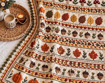 Fall Crochet Blanket Pattern PDF, Autumn Mosaic Overlay Afghan Pattern, Pumpkin Mushroom Acorn Leaf Crochet Throw, Instant Download