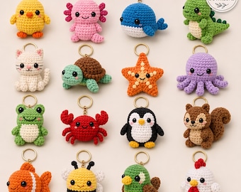 Crochet Animal Keychains Bundle 16-in-1| No Sew Amigurumi Pattern  Mini Crochet Toys PDF| Animal Crochet  Beginner Friendly Digital Download