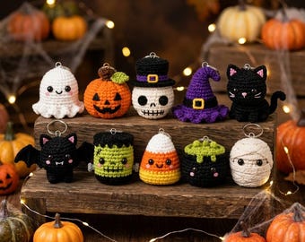 10 Halloween Crochet Keychain Pattern Bundle PDF, Mini Amigurumi Patterns, Ghost Pumpkin Bat Cat Skull Mummy, Beginner Easy Digital Download