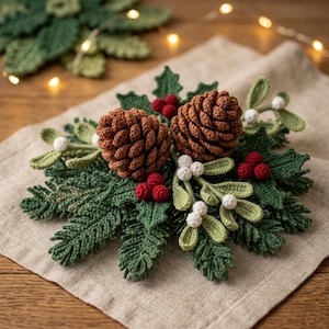 May include: A handcrafted crochet holiday centerpiece featuring two brown pinecones, dark green pine needles, light green mistletoe leaves, clusters of small red berries, and white berries. The arrangement is textured and detailed with yarn.