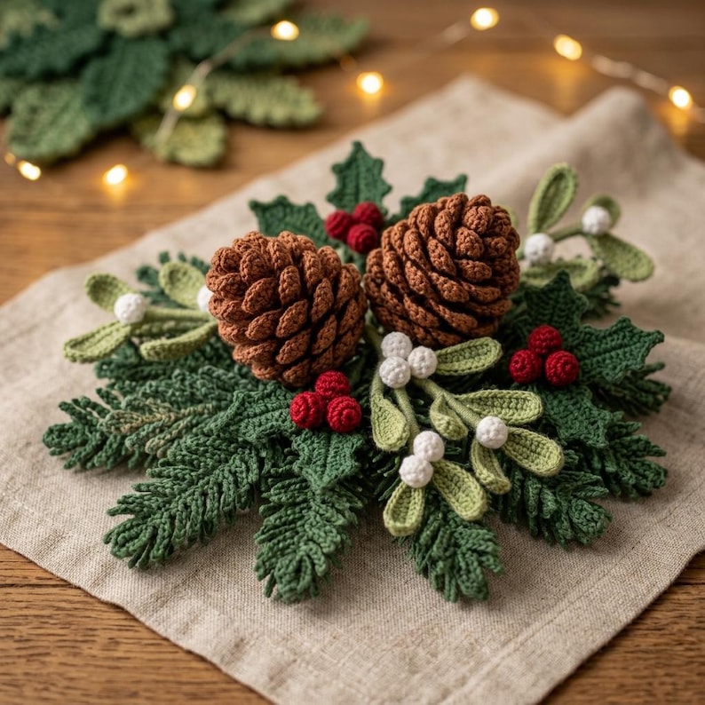 May include: A handcrafted crochet holiday centerpiece featuring two brown pinecones, dark green pine needles, light green mistletoe leaves, clusters of small red berries, and white berries. The arrangement is textured and detailed with yarn.