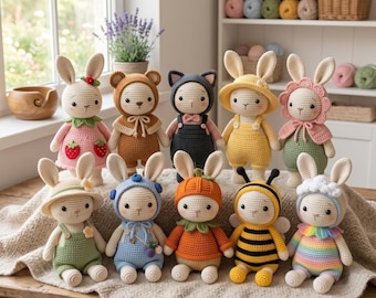 10 in 1 Baby Bunny Crochet Pattern bundle pdf| Amigurumi Bunny with Changeable Outfits Hoodie Onesie Sweater|Crochet Bunny Clothing Pattern