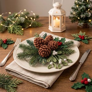 May include: A cream-colored ceramic plate holds a decorative arrangement of three brown crocheted pinecones, green crocheted pine needles, and green crocheted mistletoe sprigs with small white berries, resting on a folded beige linen napkin.