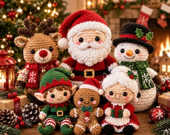 Christmas Amigurumi Crochet Pattern PDF Bundle, Santa Snowman Reindeer Mrs Claus Elf Gingerbread, Holiday Crochet Toy Set, Xmas Decor DIY