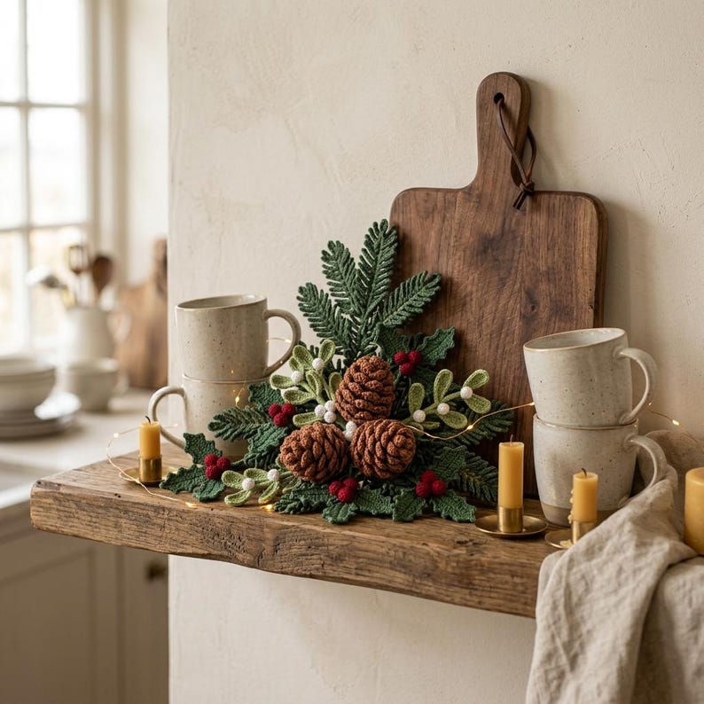 May include: A decorative arrangement featuring crocheted green pine branches, mistletoe, and brown pinecones with red berries. The display is set against a wooden cutting board, flanked by speckled ceramic mugs and small yellow pillar candles.