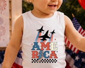 America Jet Fighter Tank Top for Kids, USA 250th Anniversary Shirt, Fourth of July Tank, Patriotic Airplane Tee, Toddler Youth