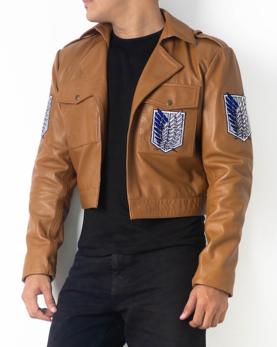 Attack on Titan Jacket | Scout Regiment Brown Crop Leather Jacket | Anime Cosplay