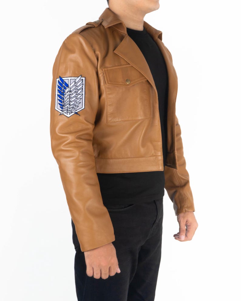 Handmade AOT Anime Cropped Brown Jacket | Unisex Shingeki Cosplay Scout Regiment Vintage Leather Short Outerwear Costume