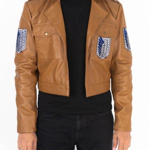Handmade AOT Anime Cropped Brown Jacket | Unisex Shingeki Cosplay Scout Regiment Vintage Leather Short Outerwear Costume