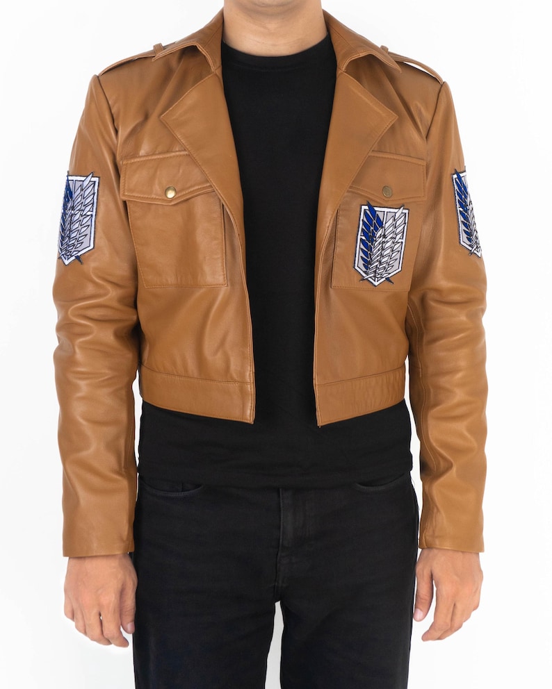 Handmade AOT Anime Cropped Brown Jacket | Unisex Shingeki Cosplay Scout Regiment Vintage Leather Short Outerwear Costume
