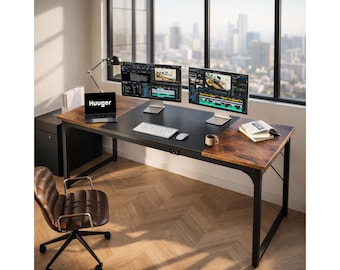 63 Inch Computer Desk with Storage, Rustic Brown Metal Frame Workstation