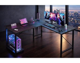 L-Shaped Desk, 50-Inch Corner Computer Desk with CPU Shelf, Grey Workstation
