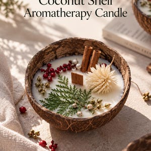 May include: A coconut shell aromatherapy candle with white wax, topped with two cinnamon sticks, a dried flower, a green cedar sprig, and small red and white berries. The text Coconut Shell Aromatherapy Candle is printed above the candle.