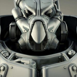 May include: A detailed, close-up view of a silver X-01 Power Armor helmet and chest piece. The armor has a metallic sheen, with visible rivets and intricate mechanical details. The text "X-01 POWER ARMOR" is visible at the bottom. The design is futuristic and industrial.