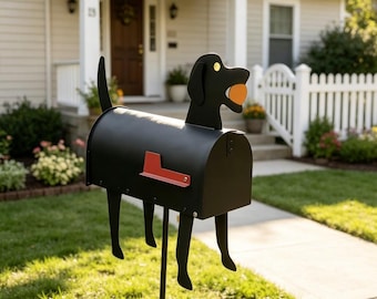 Labrador Dog Mailbox Stake, Black Metal Garden Yard Decor, Whimsical Pet Lover Ornament