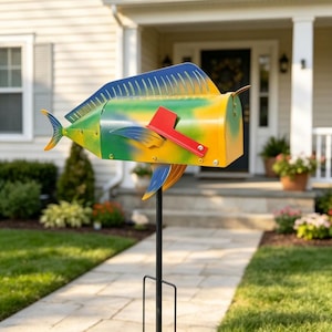May include: A metal mailbox shaped like a mahi-mahi fish, featuring a gradient of yellow, green, and blue paint. The fish-shaped mailbox includes a prominent red flag on the side and is mounted on a thin, black metal pole for outdoor installation.
